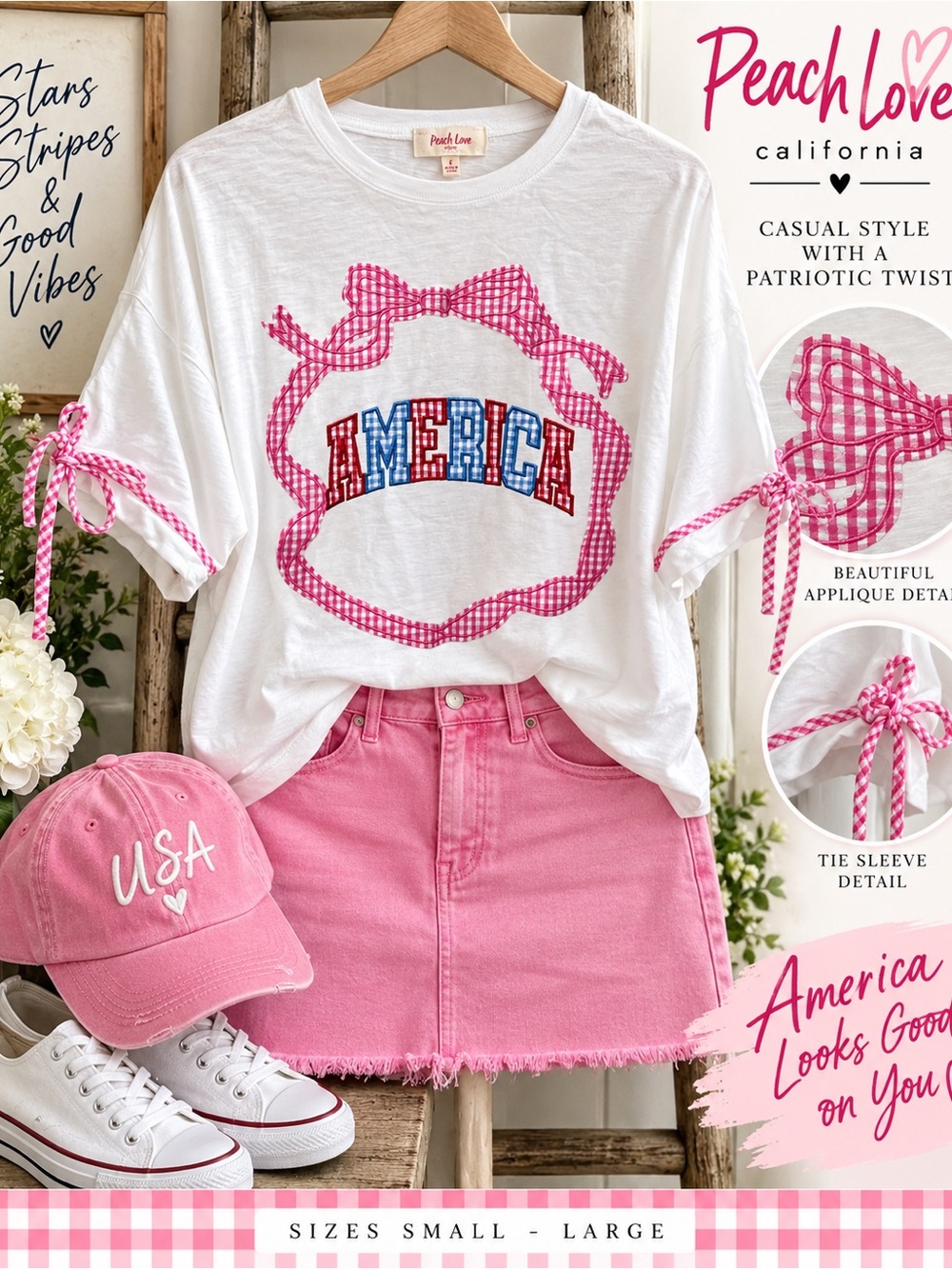 Peach Love California America Tie-Sleeve Kids Tee in White & Pink